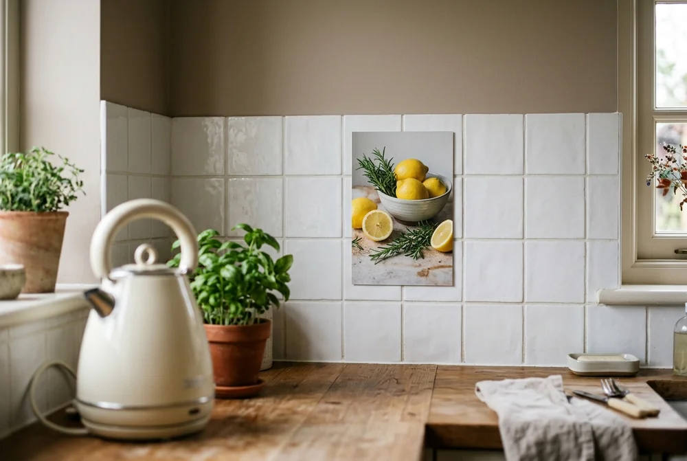 A photo board print of lemons mounted on a white tiled kitchen wall above a worktop