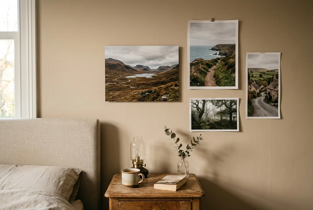 A bedroom wall mixing one photo board with three bare posters above a bedside table