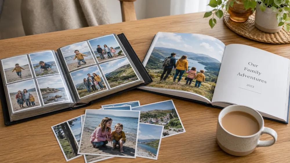 Open photo album and a hardcover Our Family Adventures photo book side by side with loose prints and a mug of tea