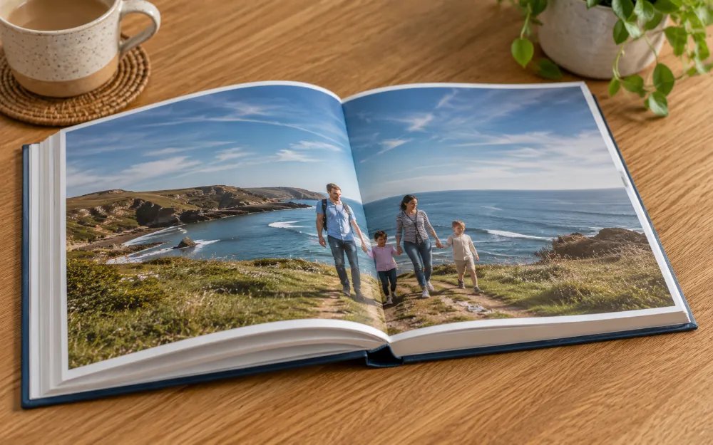 Open lay-flat photo book with a coastal clifftop family photo spread across both pages