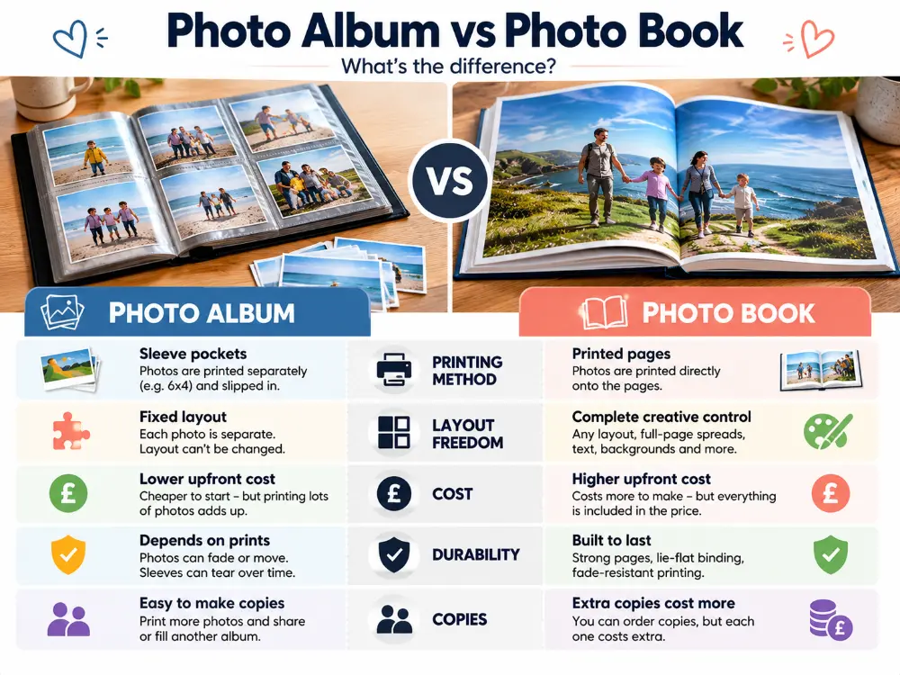 Photo album versus photo book infographic comparing printing method, layout freedom, cost, durability and copies