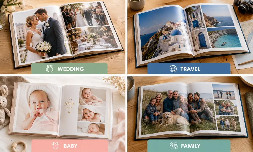 Four photo books open to wedding, travel, baby and family photo spreads