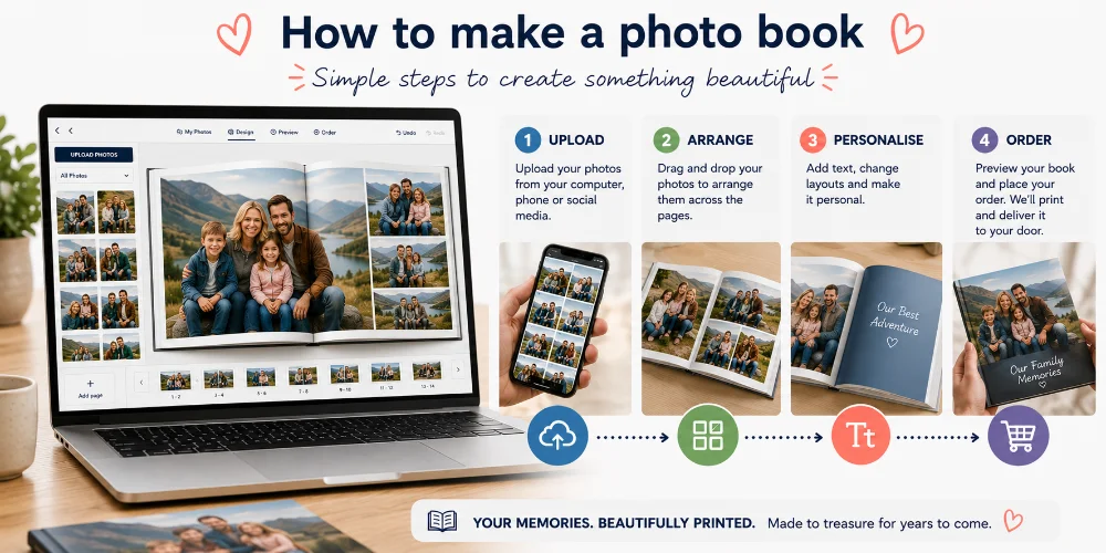How to make a photo book in four steps — upload, arrange, personalise and order — shown on a laptop and phone