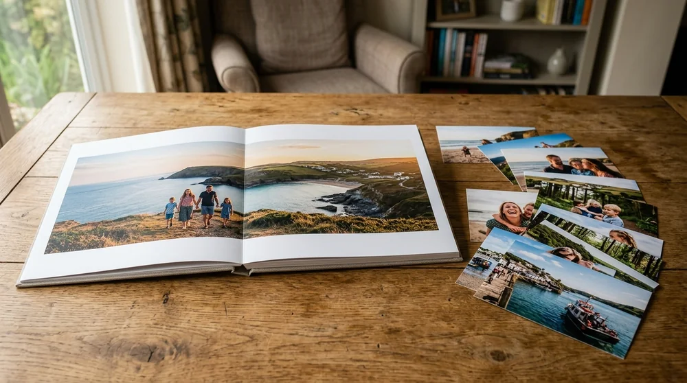 An open hardcover photo book lying beside a fanned stack of loose photo prints on a wooden table