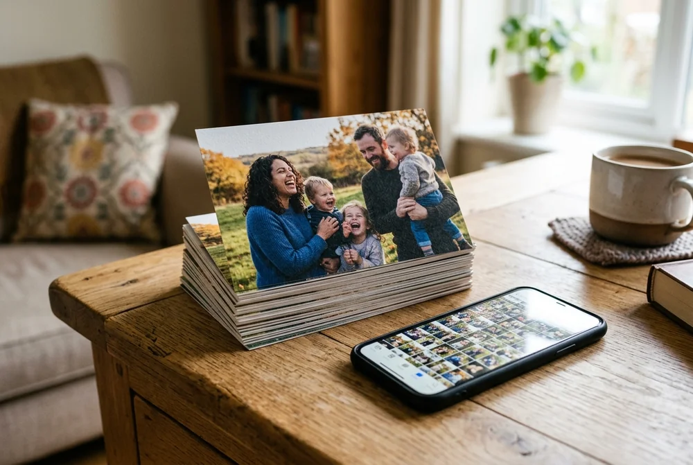 A person carefully sliding printed photographs into an acid-free archival storage box