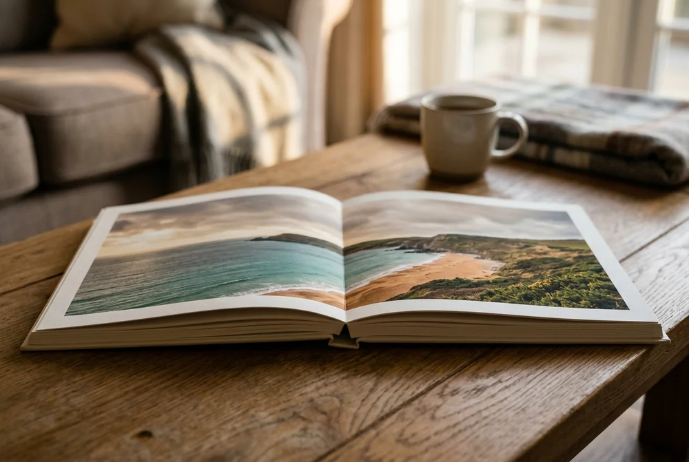 An open layflat photo book with a panorama running across a full double-page spread