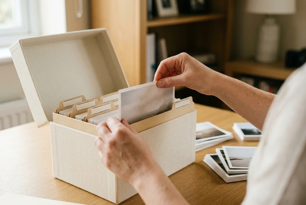 Printed photos stored upright in an acid-free archival box in a cool, dry cupboard