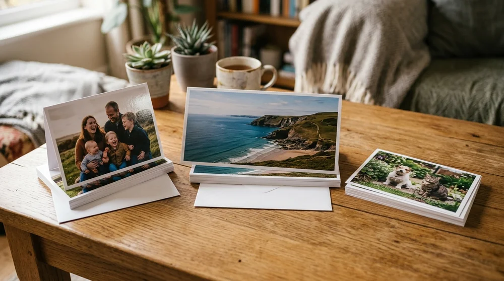 Folded, panorama and postcard photo cards side by side on a wooden table