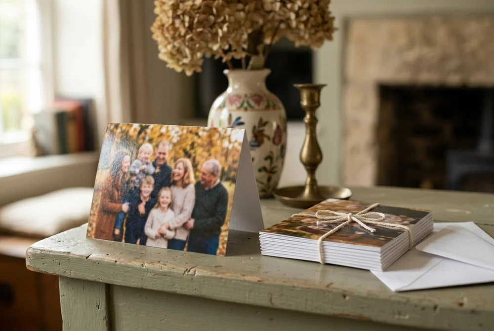 Folded family photo card standing on a mantelpiece beside a stack of cards