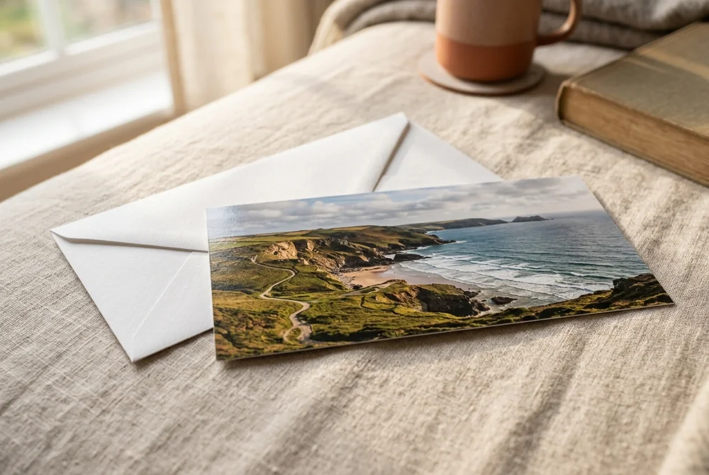Panorama photo card of a coastal road resting on a white envelope