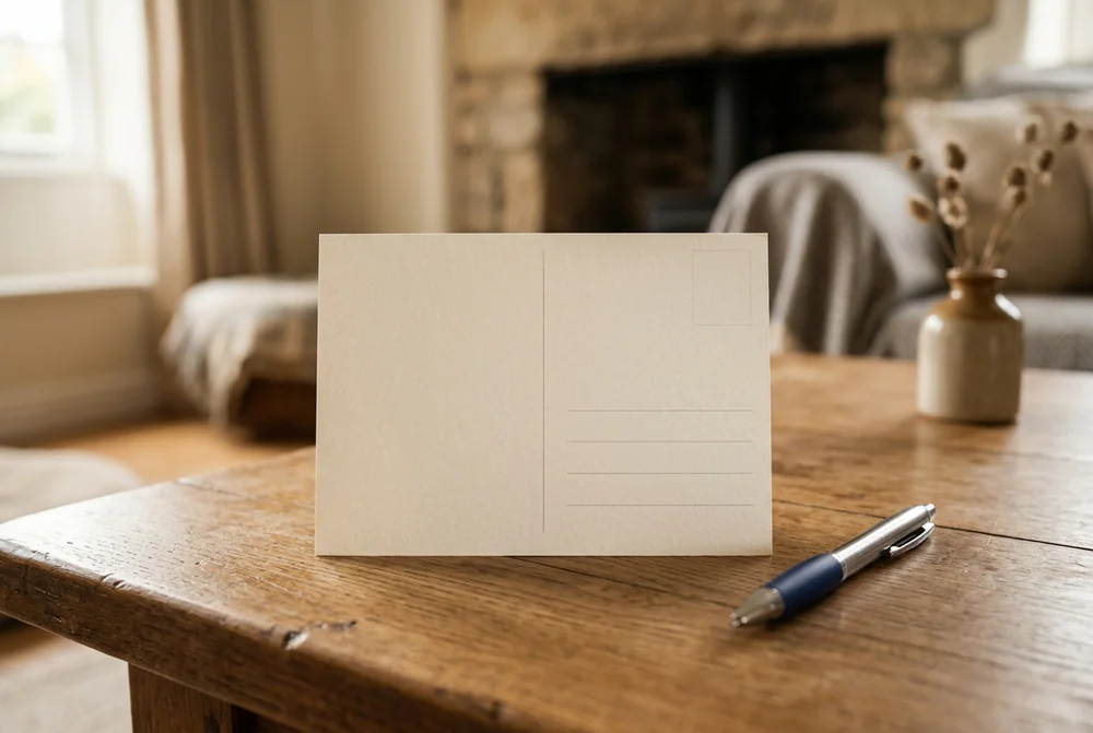 Blank photo postcard with address lines and a pen on a wooden table
