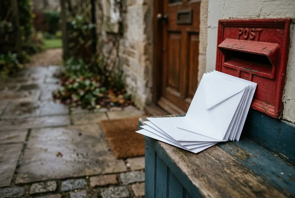 Stack of white card envelopes beside a red Royal Mail post box