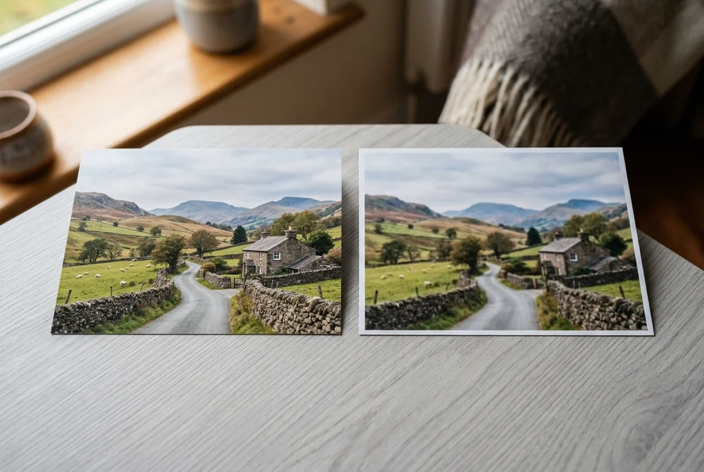 Two panorama photo cards of a countryside lane laid side by side on a pale table