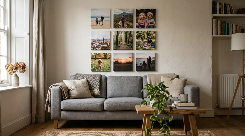 A nine-tile photo collage wall in a 3x3 grid above a grey sofa