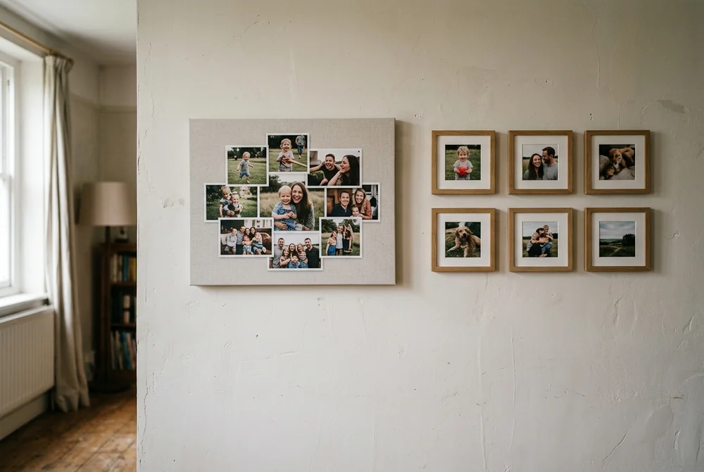 A one-piece photo collage canvas beside a six-frame grid of family photos on one wall