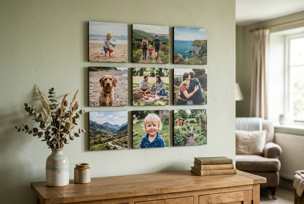 Nine square photo tiles in a 3x3 grid on a green wall above a wooden sideboard