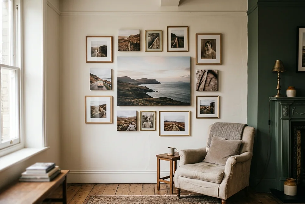 A salon-style cluster with one large canvas anchoring smaller framed prints around it