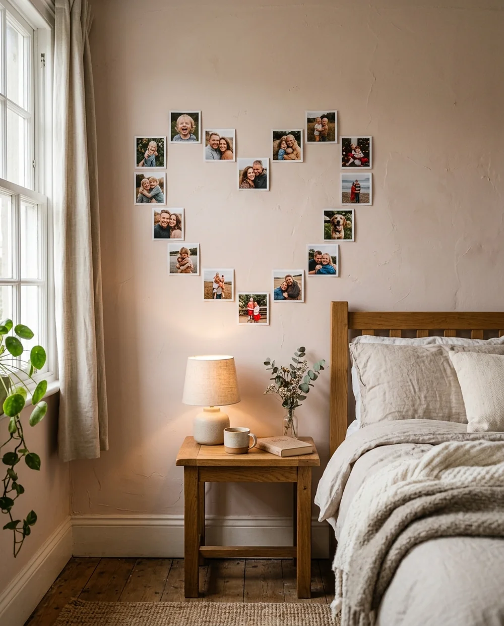 Small square photo prints arranged into a heart shape on a bedroom wall