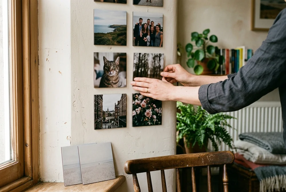 A hand pressing a stick-on photo tile onto a wall beside an existing column of tiles