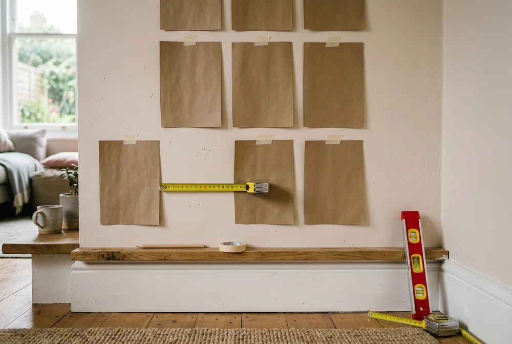 Brown paper rectangles taped to a wall in a 3x3 grid, with a tape measure and spirit level