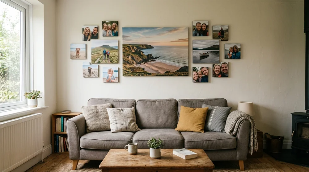 A grid of square photo tiles beside a large canvas print, comparing the two photo-wall formats