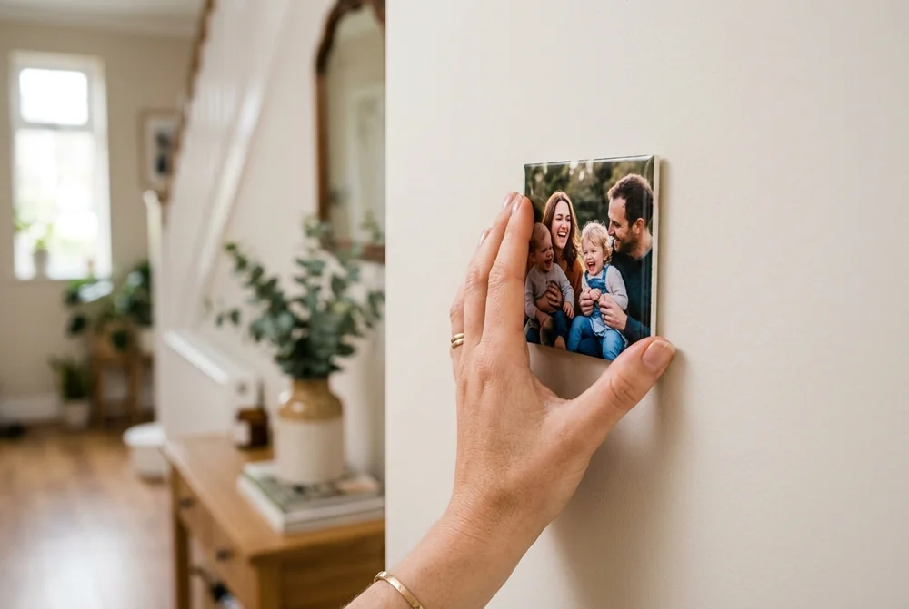 A hand repositioning a photo tile on a wall with no nails or holes
