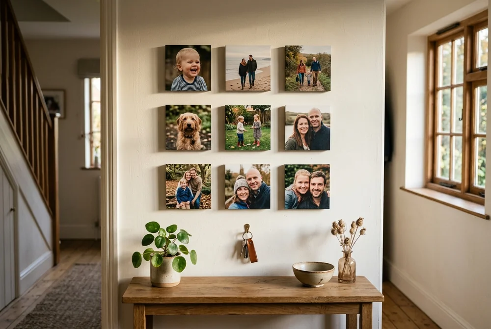 A large canvas print hand-stretched on a pine frame hanging above a sofa