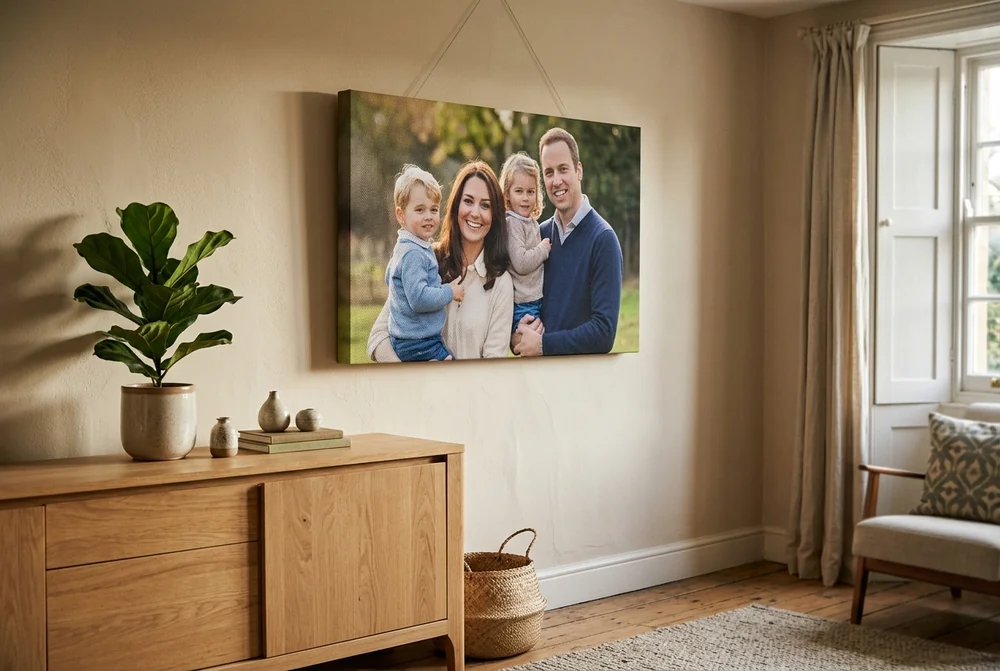 A photo tile and a canvas print shown side by side to compare thickness and finish
