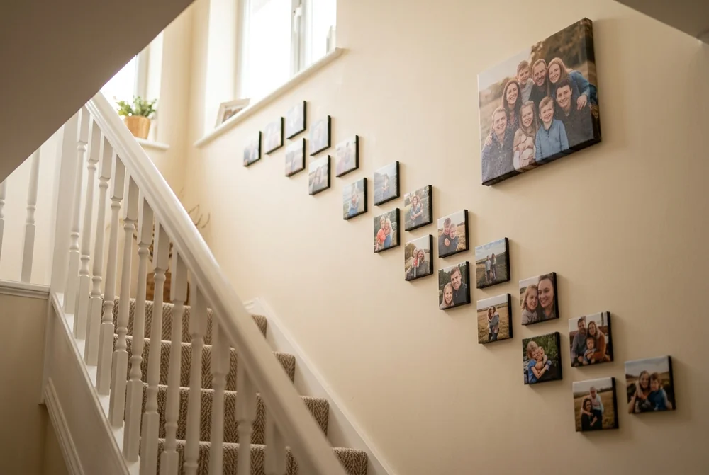 A staircase sweep of photo tiles stepping up to a single canvas on the landing