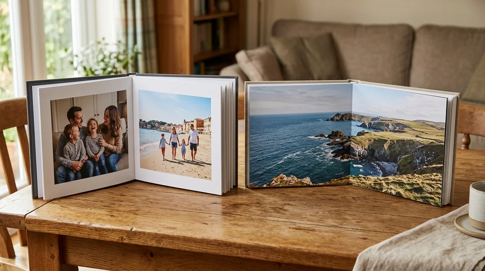 A square photo book and a landscape photo book both open on a wooden dining table