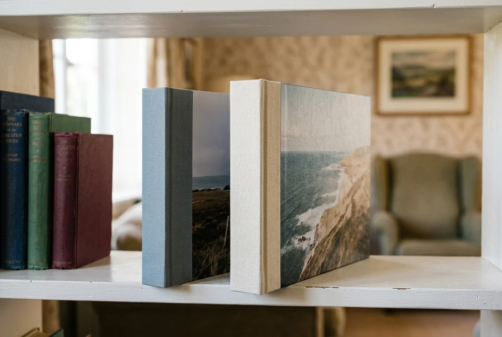 Square and landscape photo books standing upright on a white bookshelf beside old hardbacks