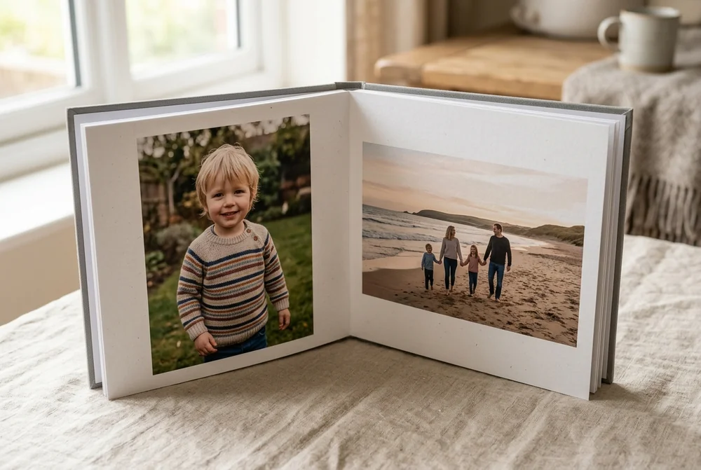 Open square photo book showing an upright child photo and a wide beach photo