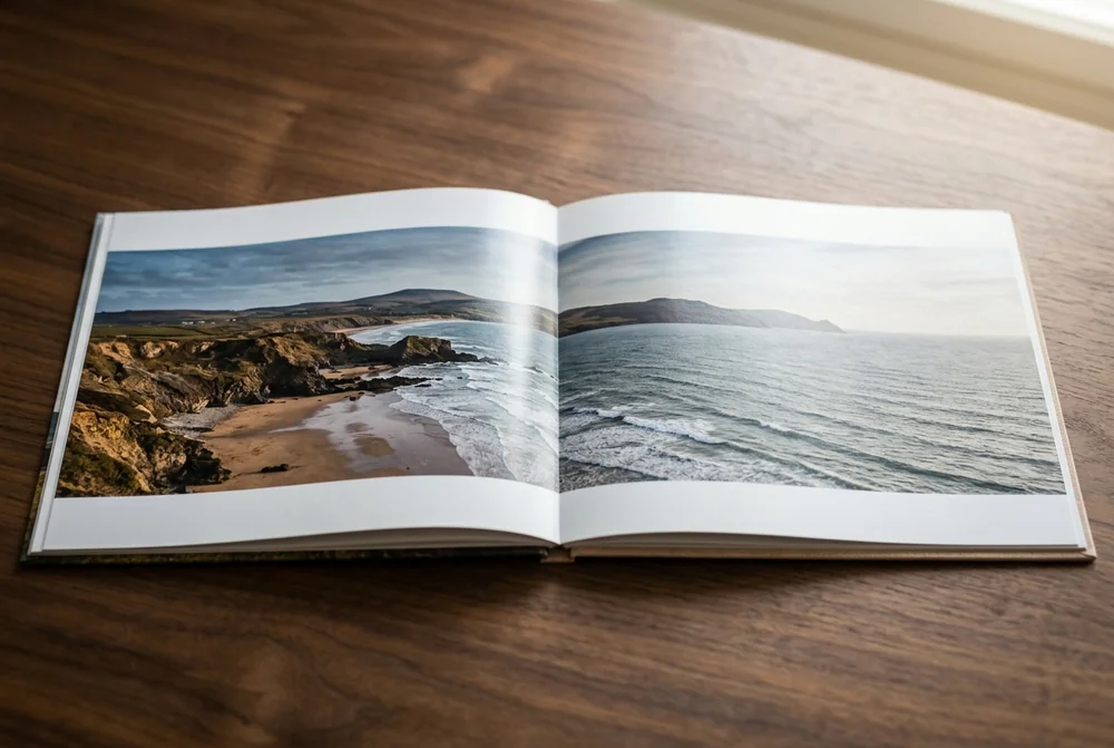 Open landscape photo book with a coastal panorama running across both pages