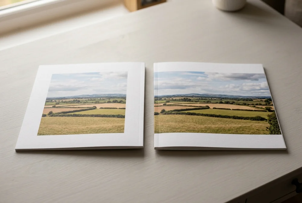 Two softcover photo books on a desk, one square and one landscape, showing the same field