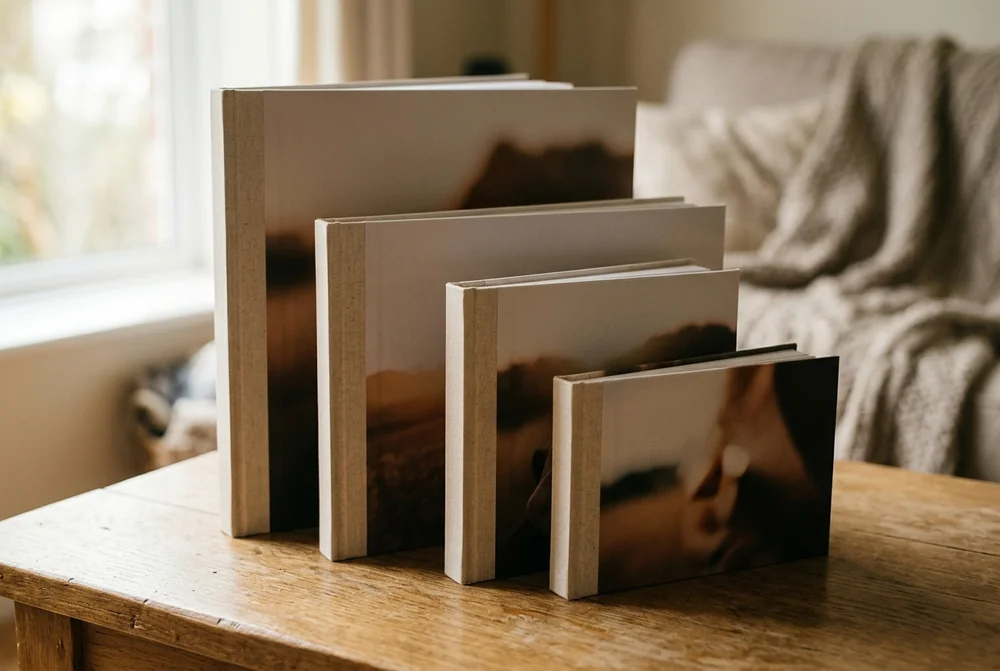 Four photo books in different sizes standing upright on a wooden coffee table