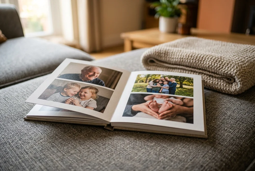 Open square photo book with four family photos across a two-page spread