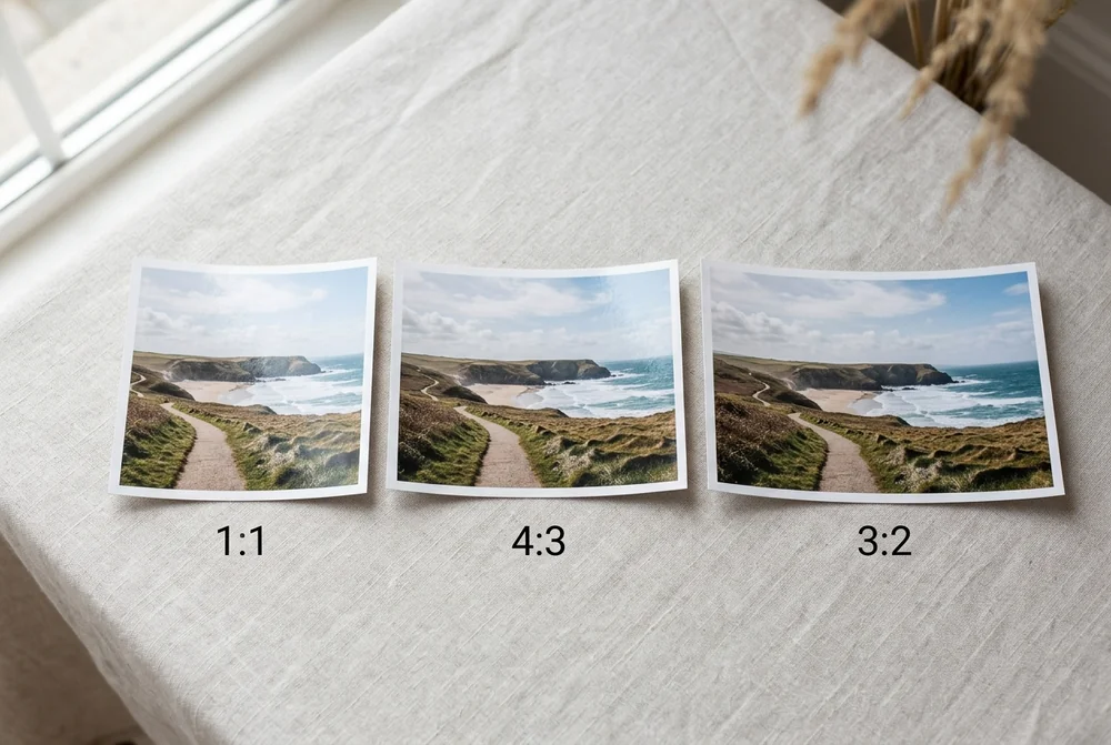 A phone showing a 4:3 photo beside a printed square crop of the same image