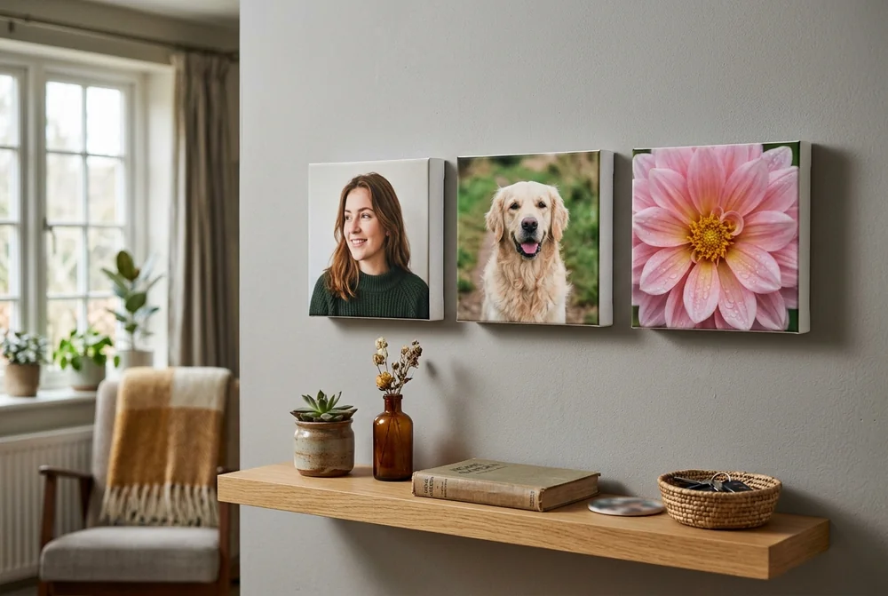 A grid of square canvas prints arranged on a wall, each tile rotating without breaking the layout