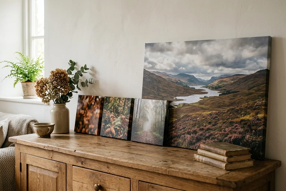 Three 20x20cm square canvases beside one large rectangular canvas on a living-room wall