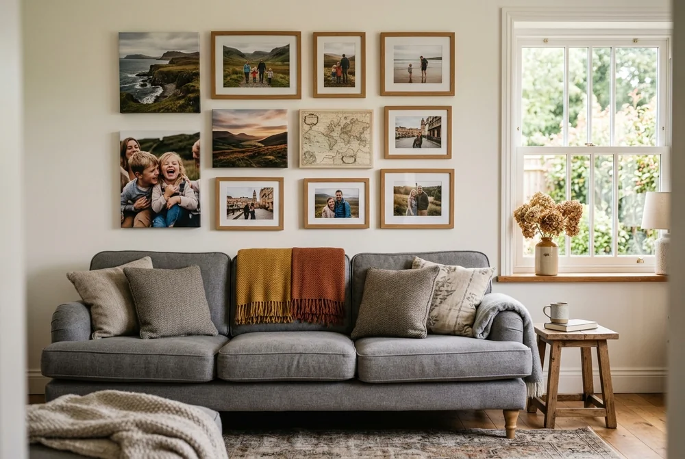 A mixed wall of square and rectangular prints unified by matching frames