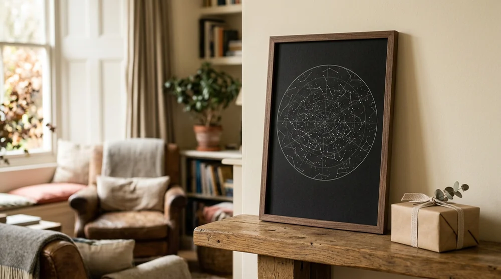 A walnut-framed star map print standing on a rustic console table next to a wrapped gift