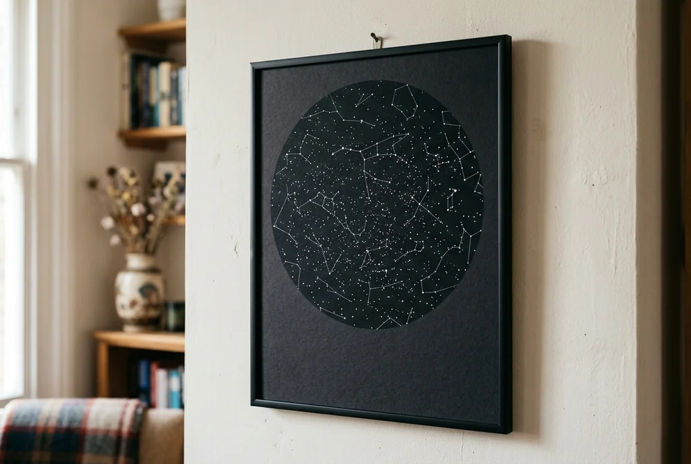 A black-framed circular star map print hanging on a cream wall beside a bookshelf