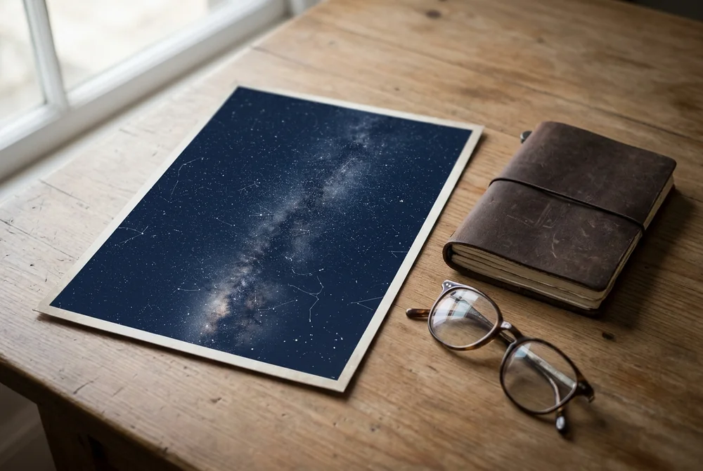 A star map print with constellation lines lying on a wooden desk next to a leather notebook and glasses