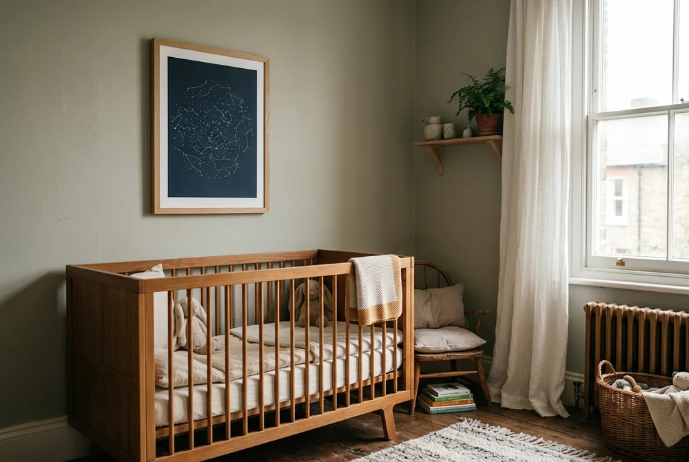 A navy star map print in an oak frame above a wooden cot in a calm UK nursery