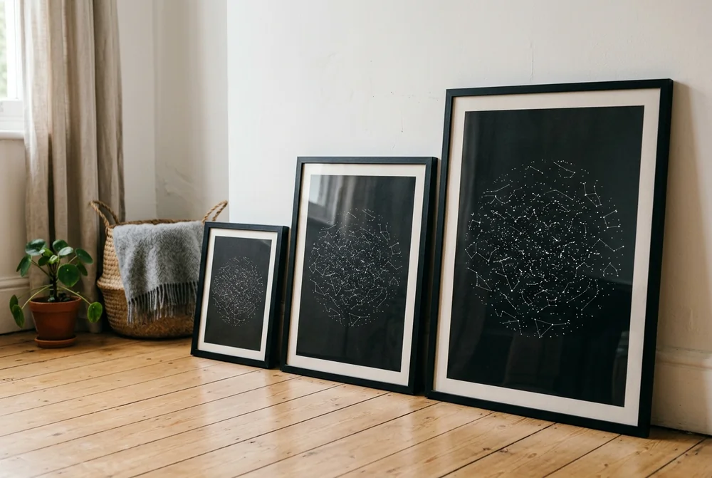 Three framed star map prints in 40x30cm, 60x40cm and 80x60cm leaning against a wall on a wooden floor