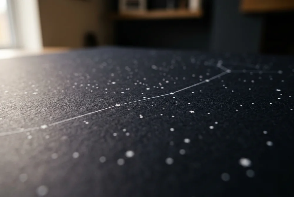 Close-up of a matte star map print showing fine white constellation lines and stars on dark paper
