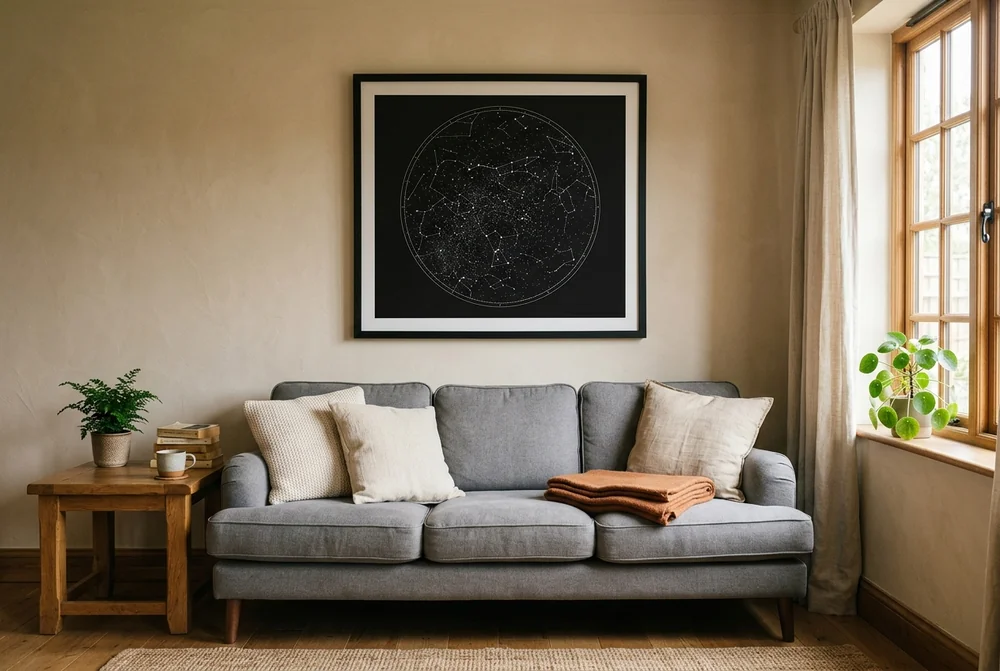 A large framed star map print hanging above a grey sofa in a warm neutral living room