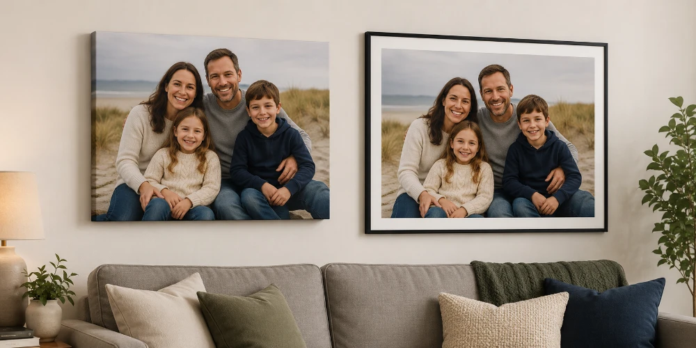 The same family beach portrait shown two ways above a grey sofa — a frameless gallery-wrapped canvas on the left and the same photo in a black frame on the right
