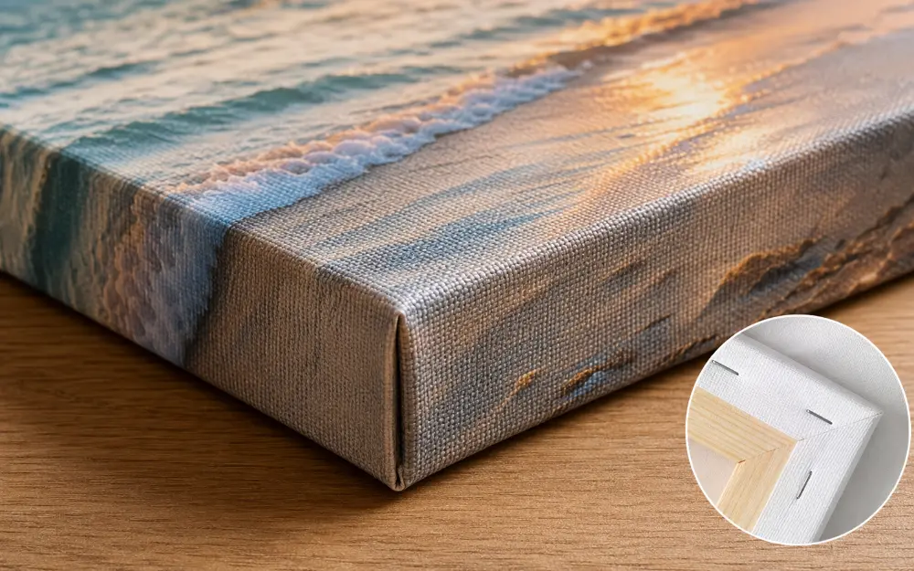 Close-up of a canvas print corner on a wooden table showing the woven fabric texture and folded wrapped edge, with an inset showing the pine stretcher-frame corner