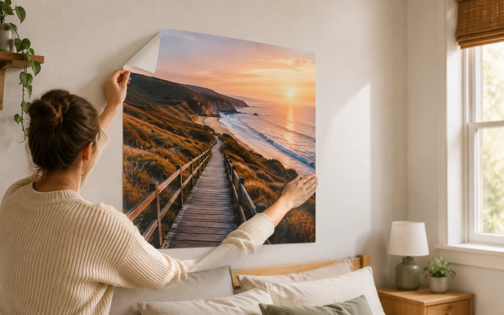 A woman pressing a large self-adhesive poster of a coastal boardwalk at sunset onto a bedroom wall above the bed